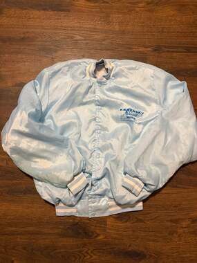 Vintage X-Pres Wear Light Blue Satin Bomber Jacket Kentucky Overall Service Inc